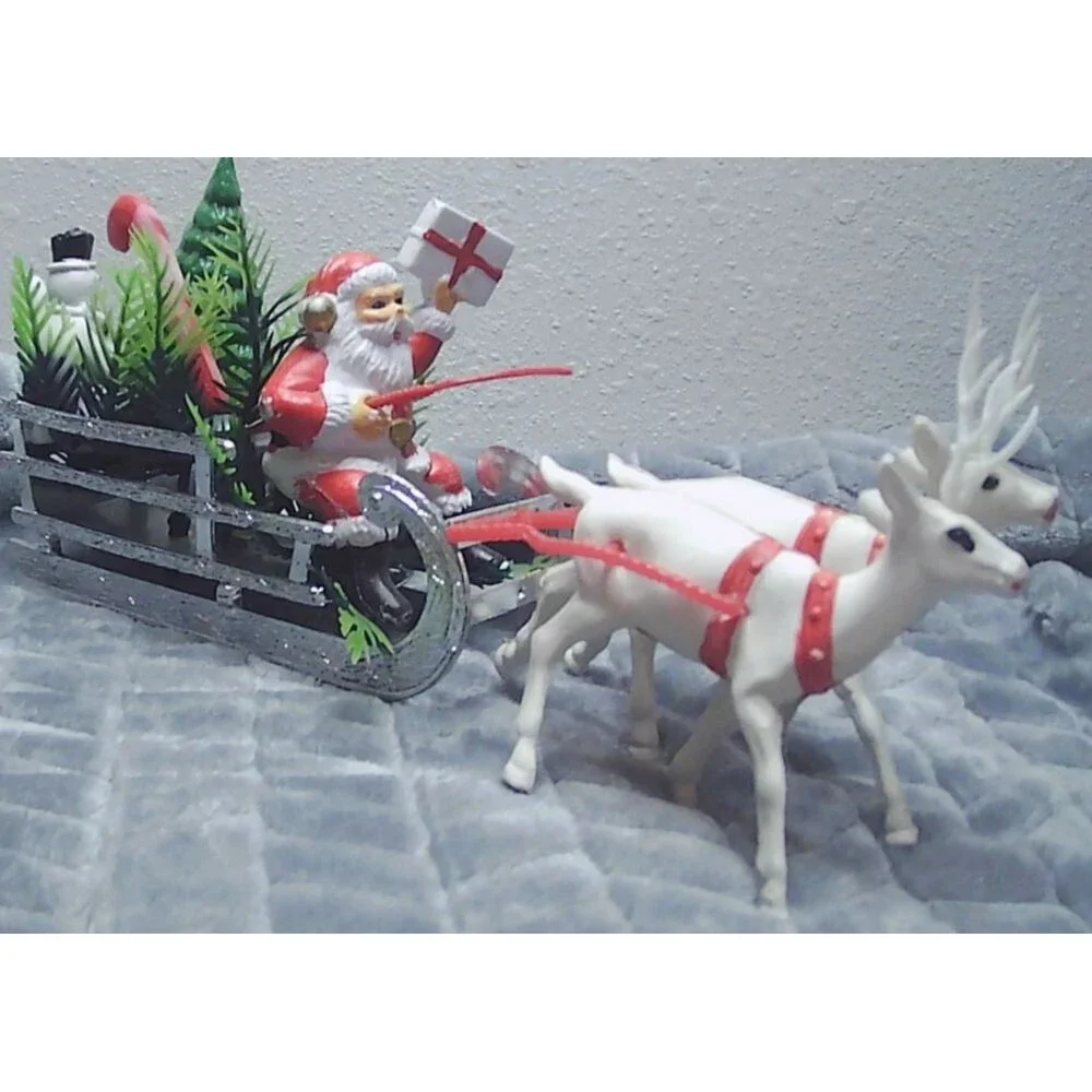 1960s/70s Plastic Xmas Kitsch Blow Mold, Santa, Sleigh & Reindeer, Holiday Decor
